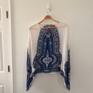 World Market Blue Dashiki Gauzy Blouse V-Neck Poncho Style Soft Women's L/XL